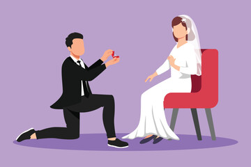 Graphic flat design drawing man makes marriage proposal to woman while sitting on chair with wedding dress and give ring. Bride and groom celebrate their engagement. Cartoon style vector illustration