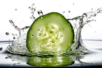 Fototapeta na wymiar fresh cucumber surrounded by splashing water droplets Generative AI