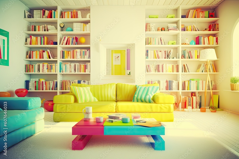 Wall mural cozy living room with a bookshelf and various furniture pieces Generative AI