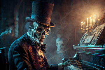 A creepy skeleton wearing a tuxedo and a top hat sits in a dim, smoky room and plays an old piano.