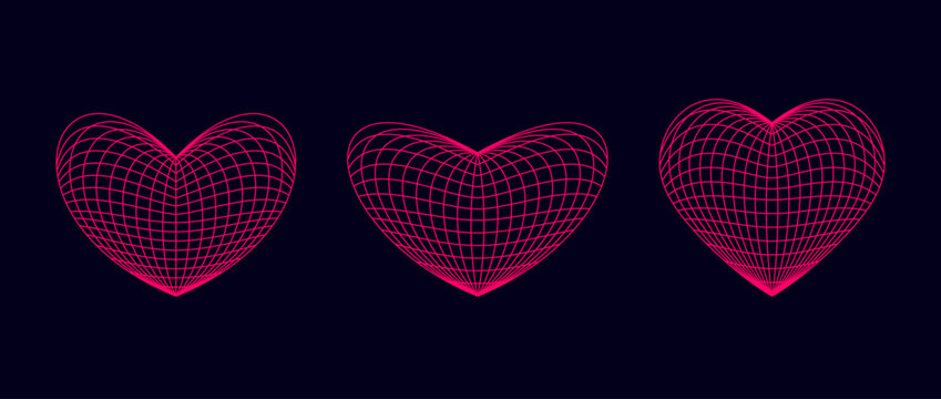 Pink wireframe heart shapes set. grids. Grid design element. Love or cardiology concept for posters, templates, flyers, banners. Vector illustration pack 