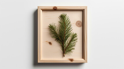 Mockup frame made of rough wood on light background with fir branch. Generative AI