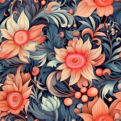 Floral seamless pattern in warm boho style. Flowers and decor in repeated background. Ai generated watercolor