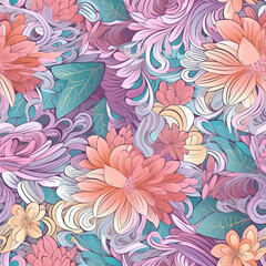 Floral seamless pattern in warm boho style. Flowers and decor in repeated background. Ai generated watercolor