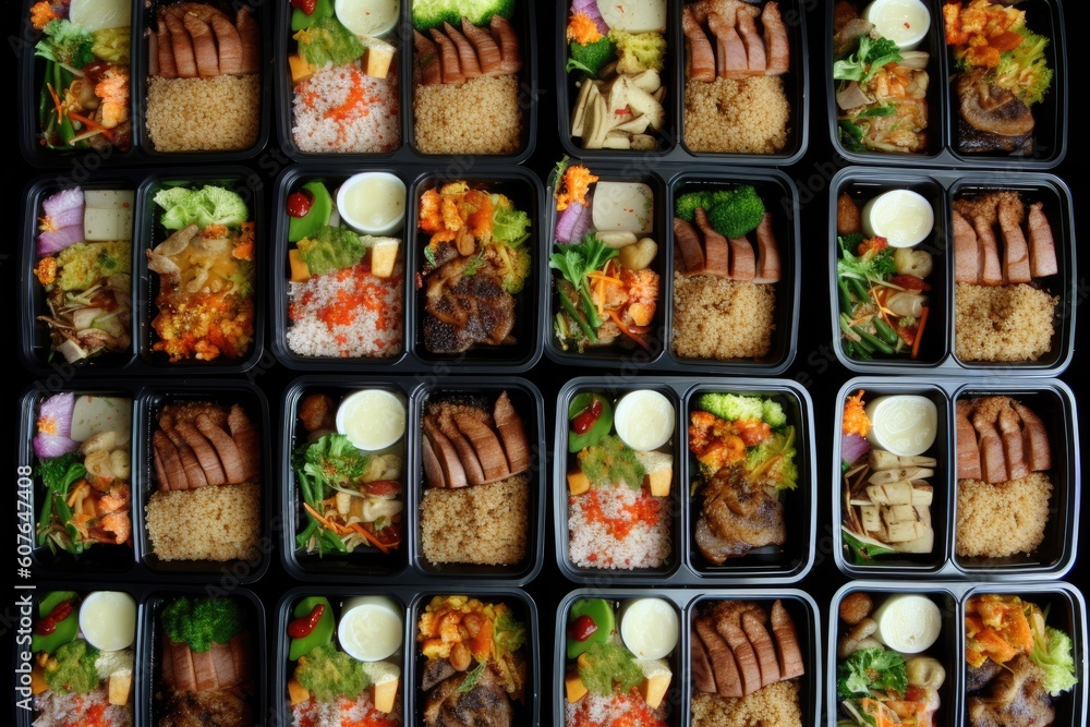 Poster colorful array of food arranged on various trays generative ai