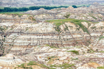 Badlands rock strata of Drumheller Valley, Dinosaur provincial park, Drumheller, Alberta, Canada.
