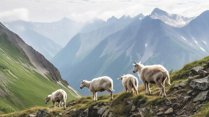 Obraz premium Mountain goats in the Western Caucasus. Generative Ai