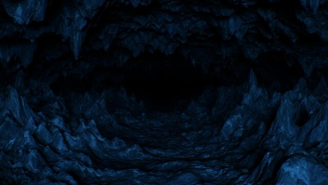 Journey Through Deep Dark Rocky Cave With Stalactites And Stalagmites - 4K Seamless VJ Loop Motion Background Animation
