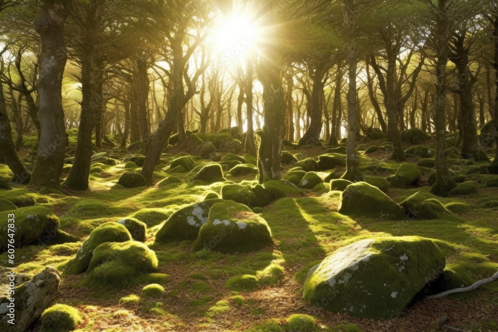 Poster sunlight filtering through trees in a forest generative ai