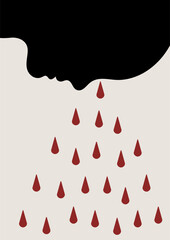 Artwork, minimalist poster design in red and black colors. Abstract wall art. Vector illustration on the theme of mental illness, depression, sadness.