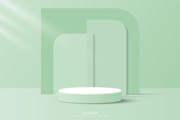 Abstract White green 3d cylinder podium or product display stand with 3d geometric shape backdrop. pedestal for show products. 3d vector rendering with podium. Empty room scene for product mockup.
