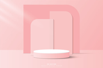 Obraz na płótnie Canvas Abstract White pink 3d cylinder podium or product display stand with 3d geometric shape backdrop. pedestal for show products. 3d vector rendering with podium. Empty room scene for product mockup.