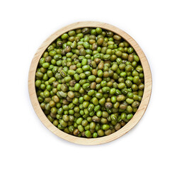top view flat lay green mung bean vigna radiata in wood bowl isolated on white background. pile of green mung bean vigna radiata isolated. green mung bean vigna radiata isolated overhead
