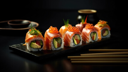 Close up of sushi, Japanese seafood. Generative Ai