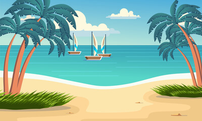 Fototapeta na wymiar Vector cartoon style background of sea shore. Good sunny day Summer Background. Tropical blue sea and a sand beach vector background