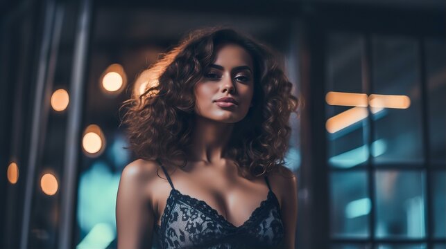 ベッドルームにいる下着姿のセクシーな白人女性（風俗嬢・売春婦・デリヘル・Generative AI）
