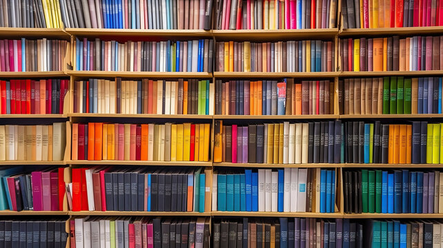 Rows of different colorful books lying on the shelves in the modern urban bookshop. Generative Ai