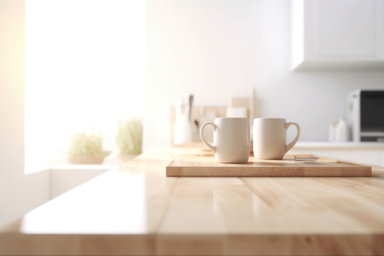 A wooden table and blurred kitchen background near the window with cups. (Generative AI)