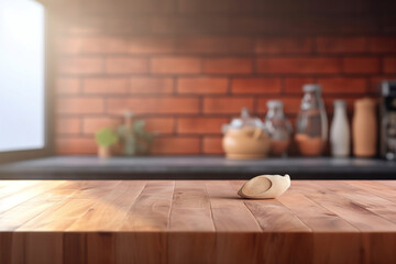 Fototapeta na wymiar A wooden table and a terracotta-colored kitchen with a blurred background. (Generative AI)