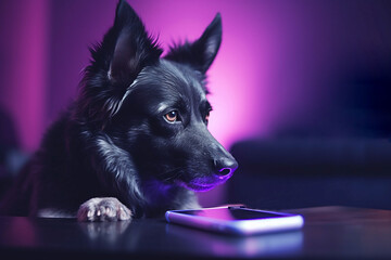 The dog is bored and waiting for the owner. The dog calls on the phone and talks to the owner. Boxer home alone