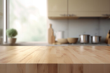 Fototapeta na wymiar A wooden table and blurry beige kitchen wall background. (Generative AI)