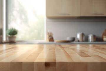 A wooden table and blurry kitchen setup background near the window. (Generative AI)