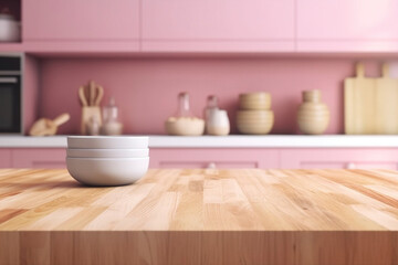 Fototapeta na wymiar A wooden table with plates and a pink-colored kitchen wall with a blurred background. (Generative AI)