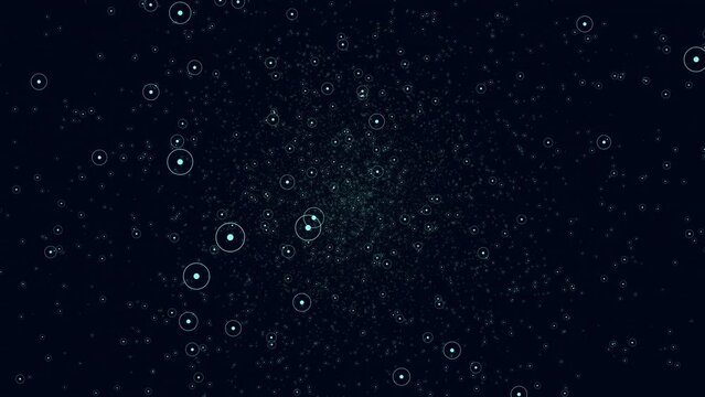 Night galaxy with flying random neon glitters and stars, motion abstract futuristic, space and holidays style background