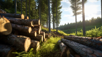 Forest pine and spruce trees. Log trunks pile, the logging timber wood industry. Generative Ai