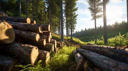 Fototapeta premium Forest pine and spruce trees. Log trunks pile, the logging timber wood industry. Generative Ai