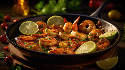 Spicy garlic chilli Prawns Shrimps on frying pan with lemon and cilantro. Generative Ai