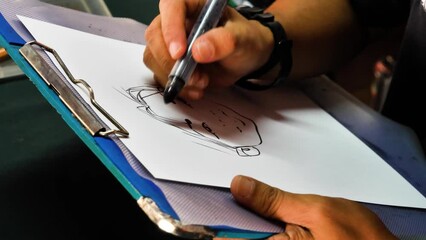 On the street of Colmar Tropicale in Malaysia, caricature street artist draw face creative way with marker