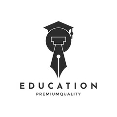 Education Logo Design with Pen Fountain Icon and Graduation Hat