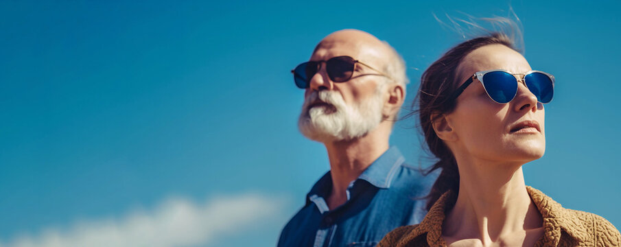Portrait of couple of senior adult man and woman in sunglasses over blue sky. Banner. summer vacation. Sunglasses sale banner. Summer sale-out offer. Optic store discount. generative ai 