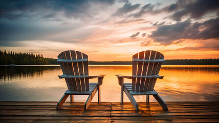 Two wooden chairs on a wood pier overlooking a lake at sunset in Finland. Generative Ai