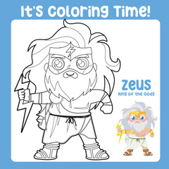 It’s coloring time. Colouring worksheet of Zeus God of the sky, thunder and lightning. Ancient Greece mythology. Greek deity theme elements. Coloring page activity for kids. Vector file.