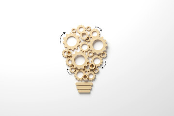 Business process and workflow automation with flowchart. Wooden cog flowing process management lightbulb shape on white background. 3d illustration - obrazy, fototapety, plakaty