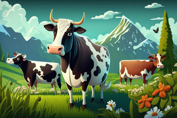 Cows grazing on a green summer meadow. Cows graze on field. Cow farm. Generative AI.
