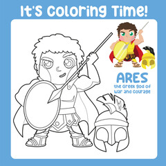 It’s coloring time. Colouring worksheet of Ares God of war. Ancient Greece mythology. Greek deity theme elements. Coloring page activity for kids. Vector file.