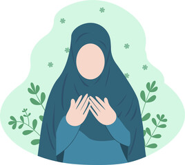 Muslim woman praying flat illustration. Muslim girl wearing a blue hijab and praying flat design with green background. Islamic flat illustration of a Muslim girl praying. Girl praying in a garden.