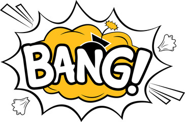 Bang comic explosion. Comic blast vector with yellow bubble. Cartoon burst with white wordings and a bomb. Funny explosion bubbles for cartoons with white and yellow colors. Comics bang text effect.