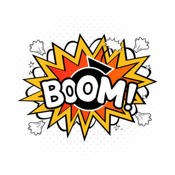 Boom comic explosion. Comic blast vector with text bubble. Cartoon burst with colorful wordings and clouds. Funny explosion bubbles for cartoons with red, white, and yellow colors. Comic boom.