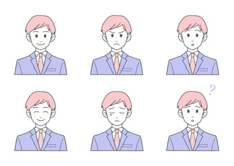 スーツの男性　表情セット（バストアップ・ピンク×ブルー・ベクター）