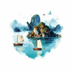 Ha Long Bay Vietnam Landscape In Circle Illustration