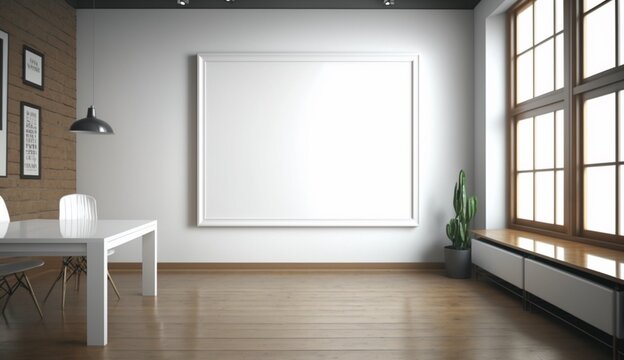 A big white blank frames hanging on wall. Modern wooden office interior. Generative AI.