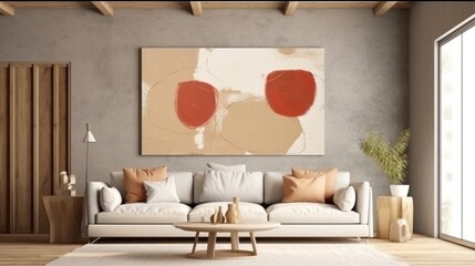 Abstract art frame mockup in farmhouse living room interior. Generative AI.