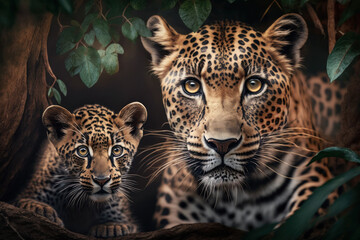 Leopard with cub in natural habitat. Generative AI