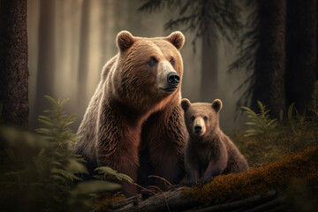 Obraz premium Bear with cub in natural habitat. Generative AI