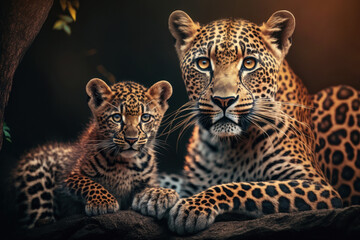 Obraz premium Leopard with cub in natural habitat. Generative AI