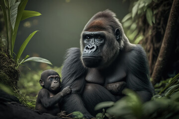 Obraz premium Gorilla with cub in natural habitat. Generative AI